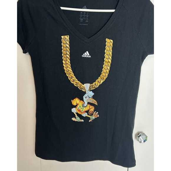 ADIDAS Miami Hurricanes V-Neck Black T-Shirt W/Sebastian Mascot Chain Sz L - Picture 2 of 5